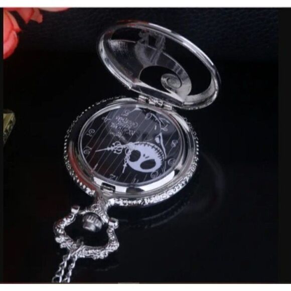 New! Nightmare Before Christmas Dial Silver Quartz Pocket Watch With Chain Men W - Picture 2 of 4